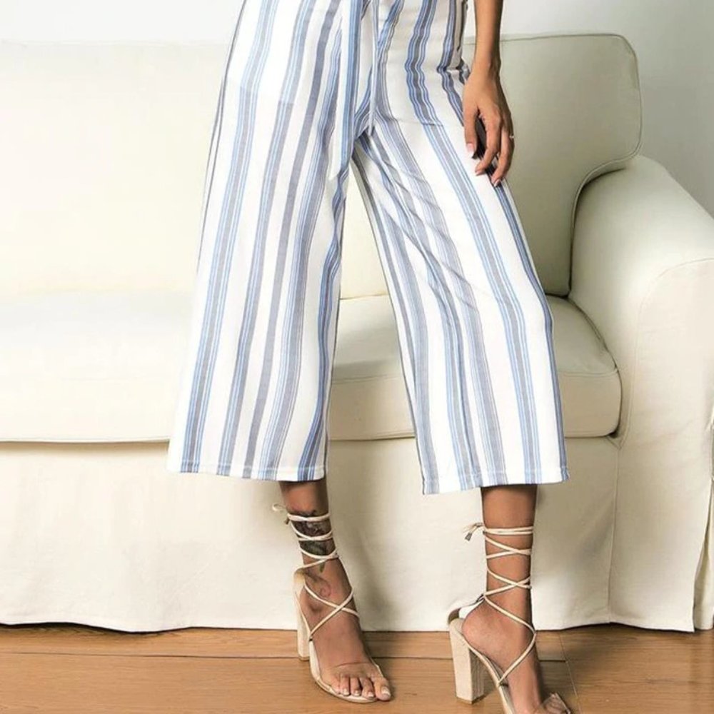 Italian Blue Stripe Jumpsuit with Pockets - Picture 3 of 16